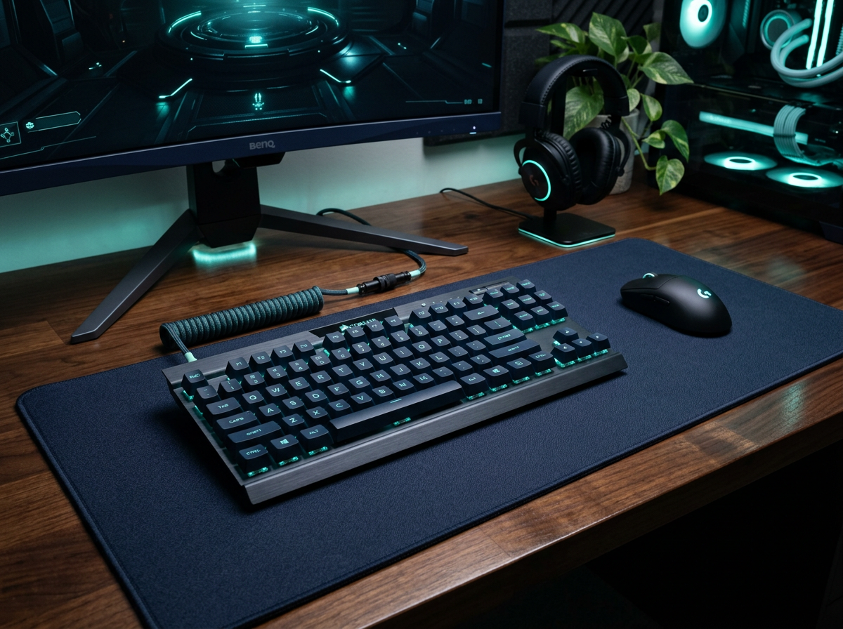 Close-up of a gaming setup with crisp ambient lighting