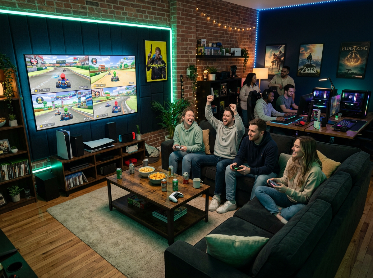 A social gaming lounge area with couch seating for a group